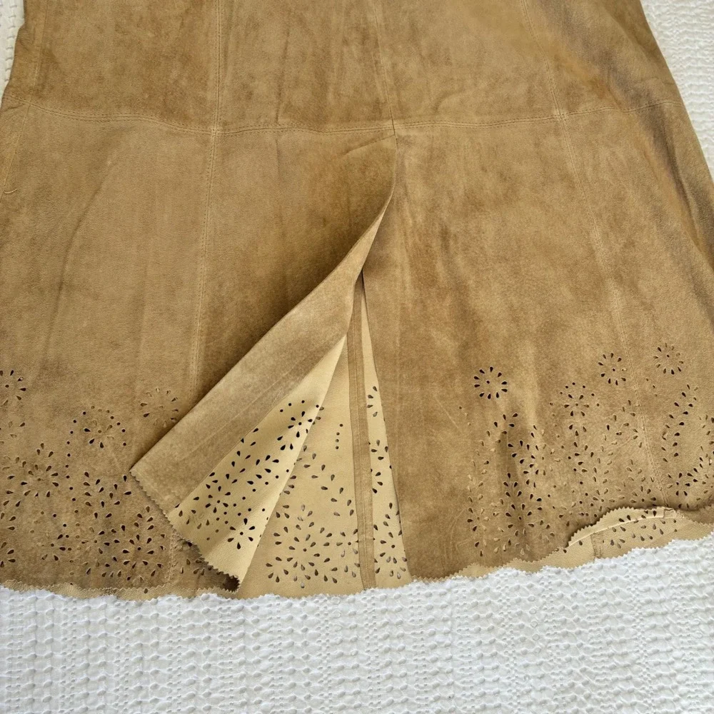 Coldwater Creek Suede Midi‎ Skirt Tan Laser Cut Romantic Western Women 12P